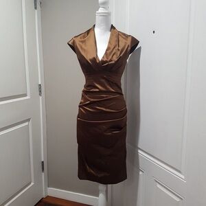 Nicole Miller Brown Satin V-Neck Cap Sleeve Midi Dress NWT Size 4